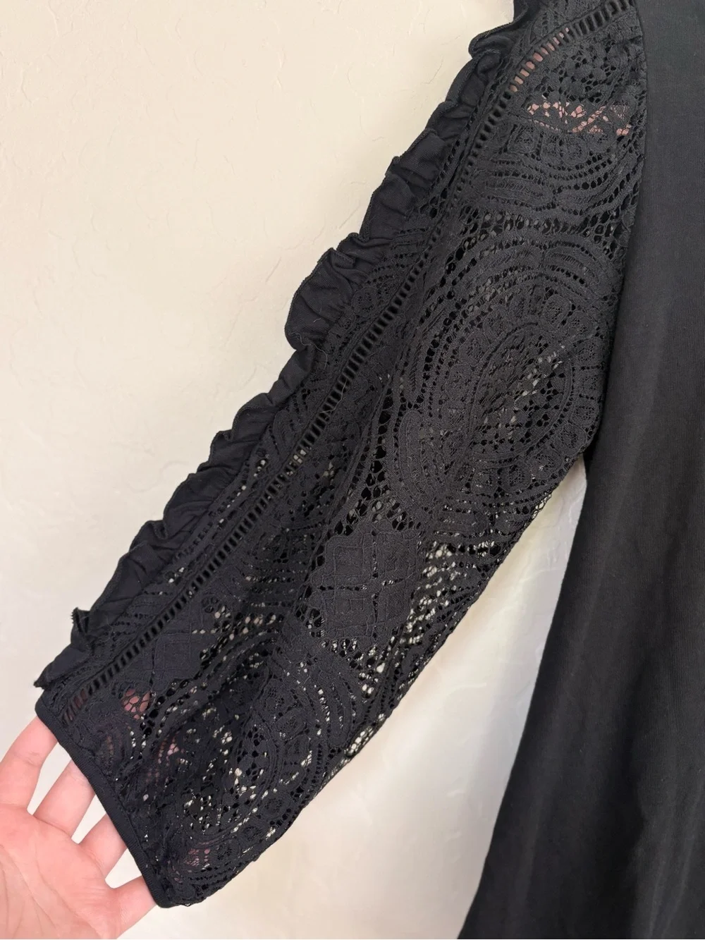 Anthropologie Nina Lace Sleeve Tie Back Top Black Cotton Blouse Small Boho